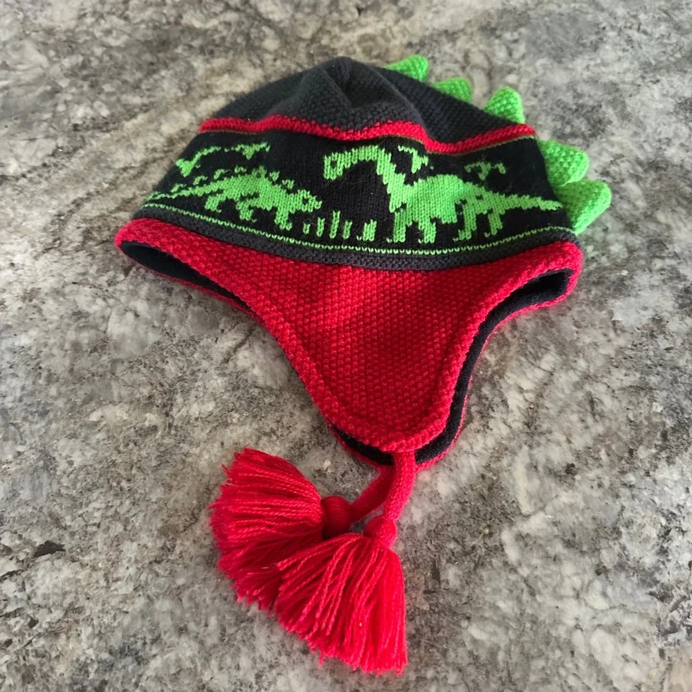 Turtle Fur Kids Dinosaur Knit Trapper Hat Fleece Lined Earflap Beanie Red Black
